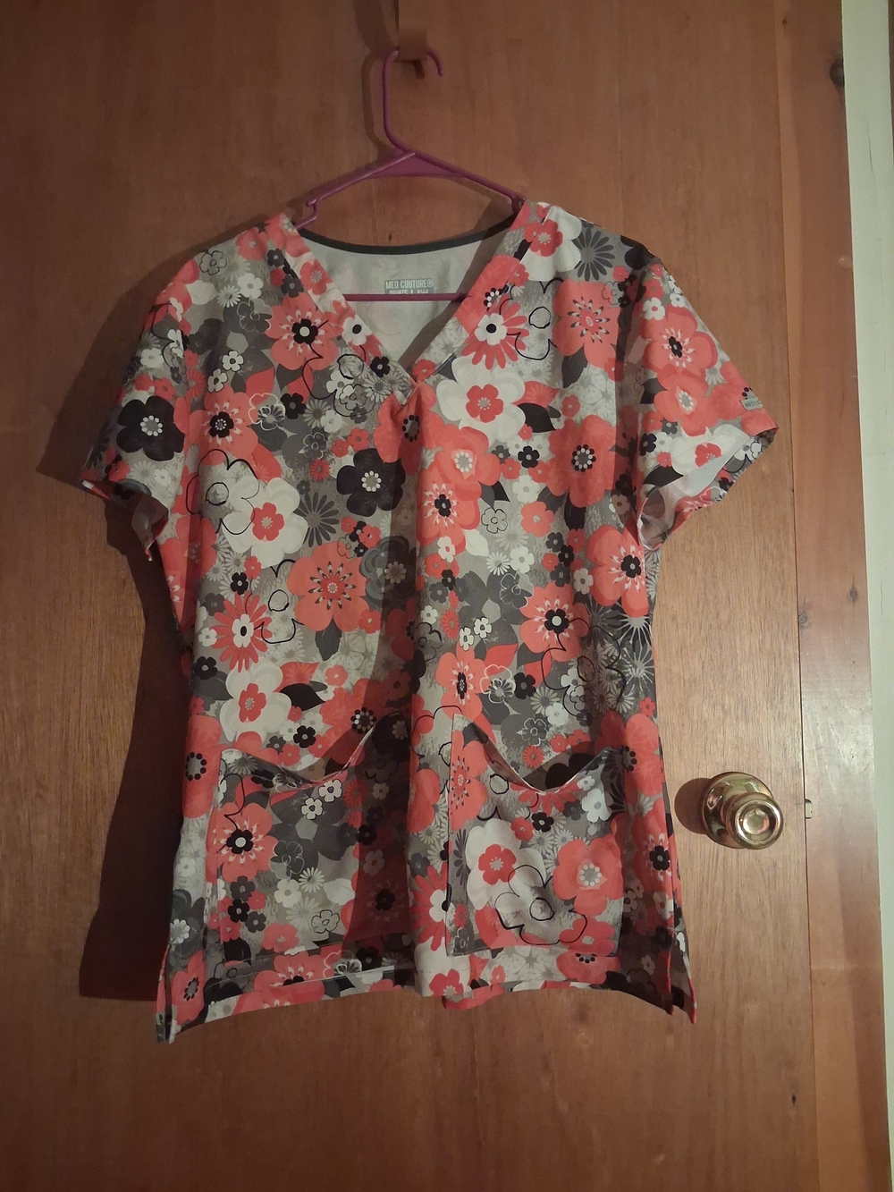 Med Couture Coral Floral V-Neck Scrub Top